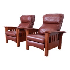 Vintage Stickley Mission Collection Bow Arm Oak and Leather Morris Recliners, Pair