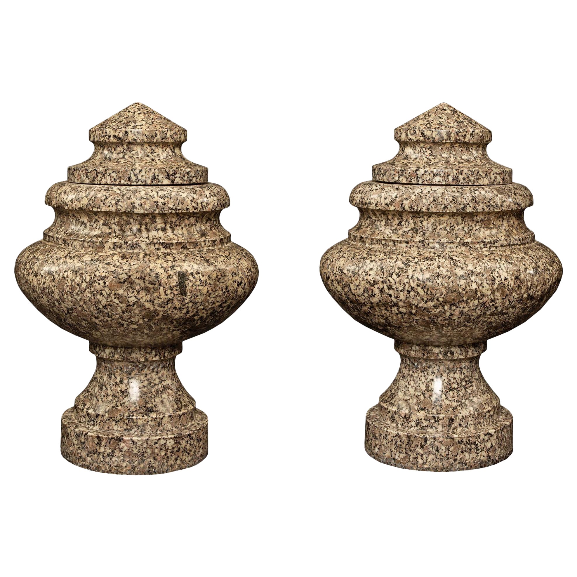Pair of Italian 19th Century Neoclassical Style Granite Lidded Urns For Sale