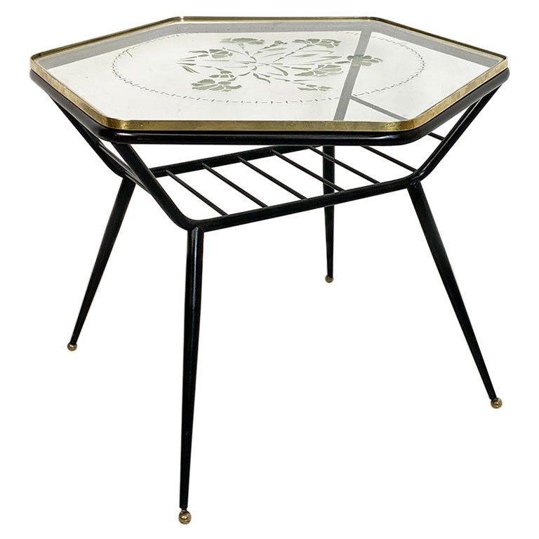 Italian Art Deco Metal and Decorate Glass Coffee Table with Magazine Rack, 1950s For Sale