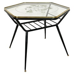 Vintage Italian Art Deco Metal and Decorate Glass Coffee Table with Magazine Rack, 1950s