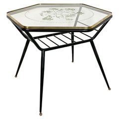 Retro Italian Art Deco Metal and Decorate Glass Coffee Table with Magazine Rack, 1950s