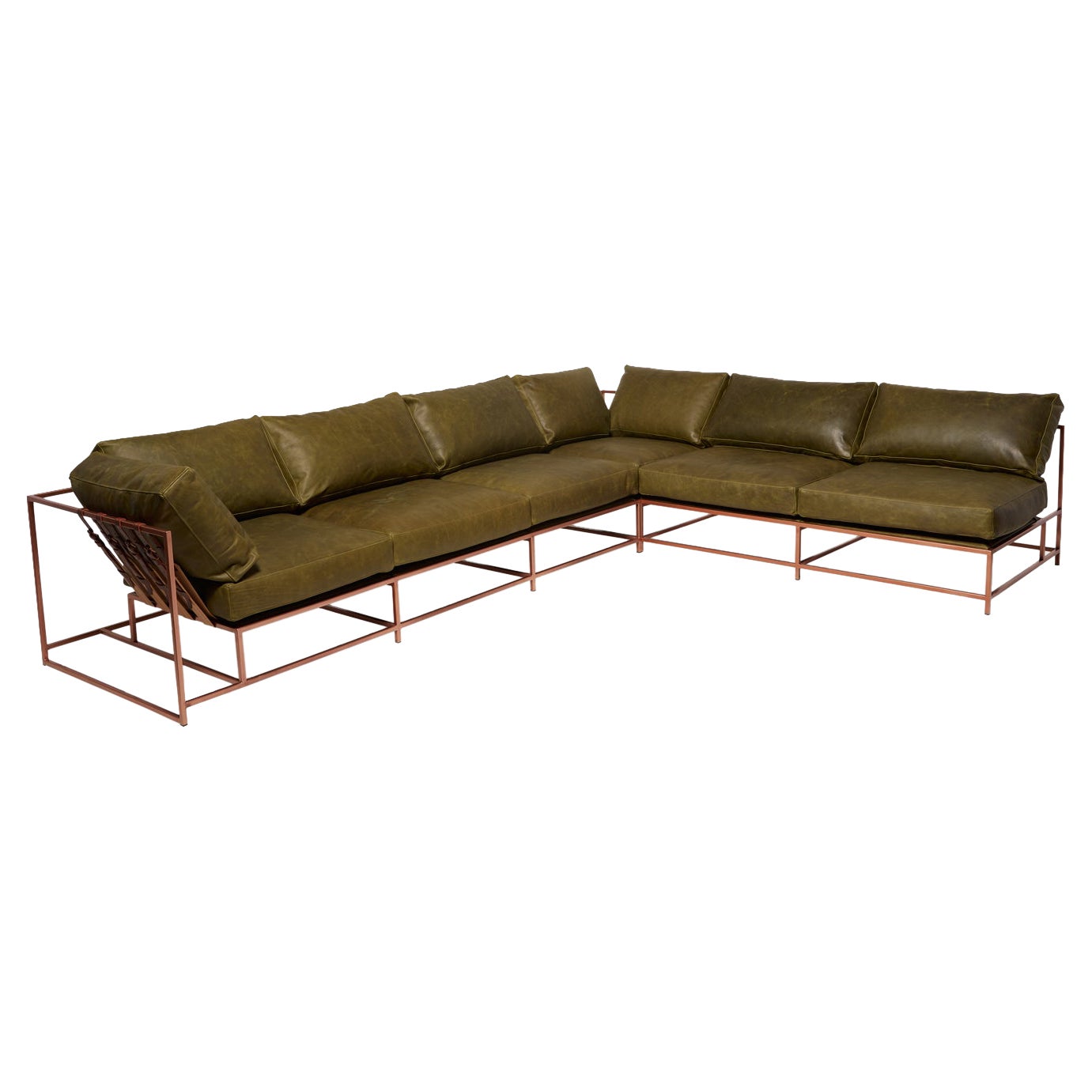 Waxed Moss Green Leather & Antique Copper L Sectional For Sale