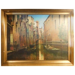 Oil Painting on Canvas Depicting a View of Venice with a Golden Frame, 1950