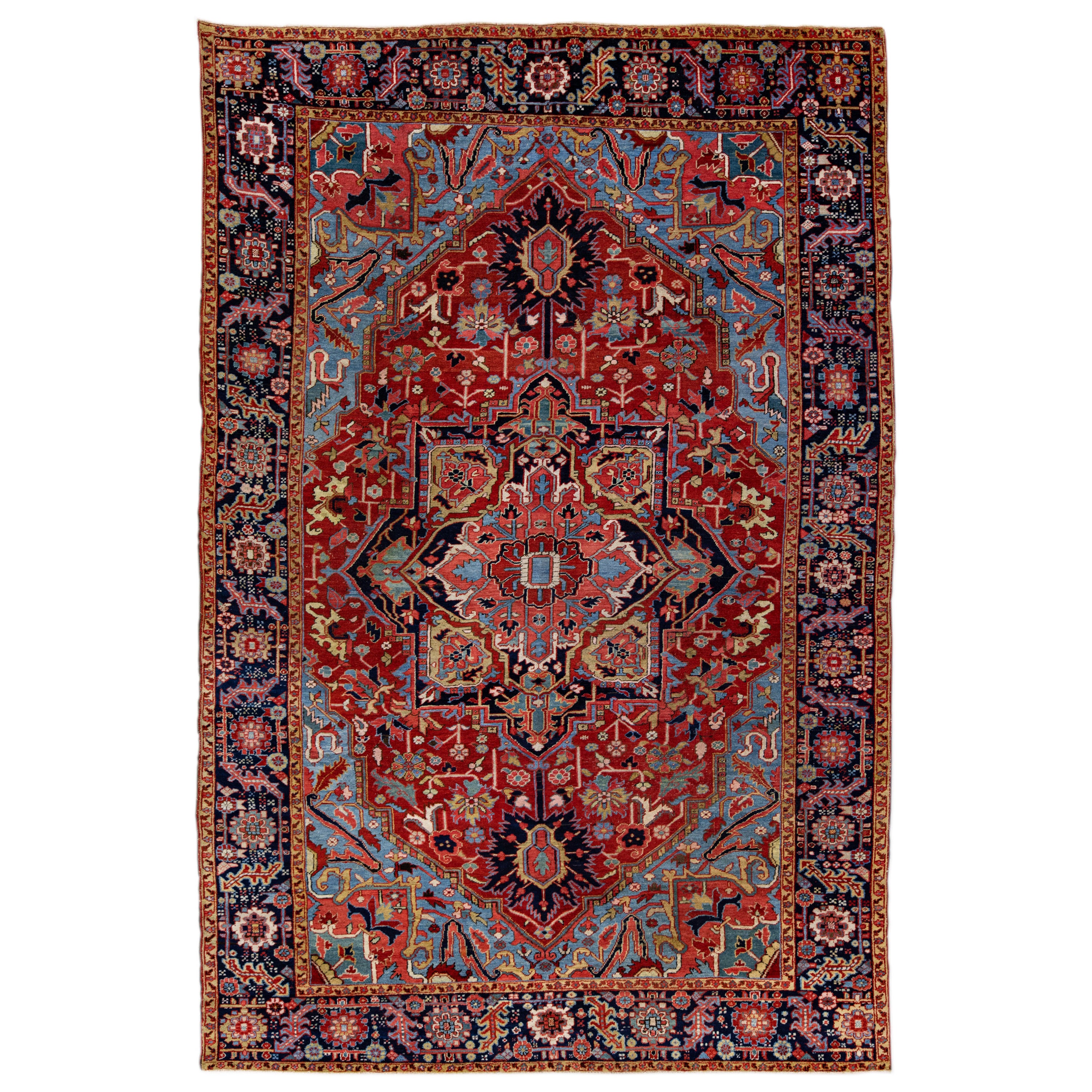 Red Antique Persian Heriz Handmade Wool Rug with Medallion Design
