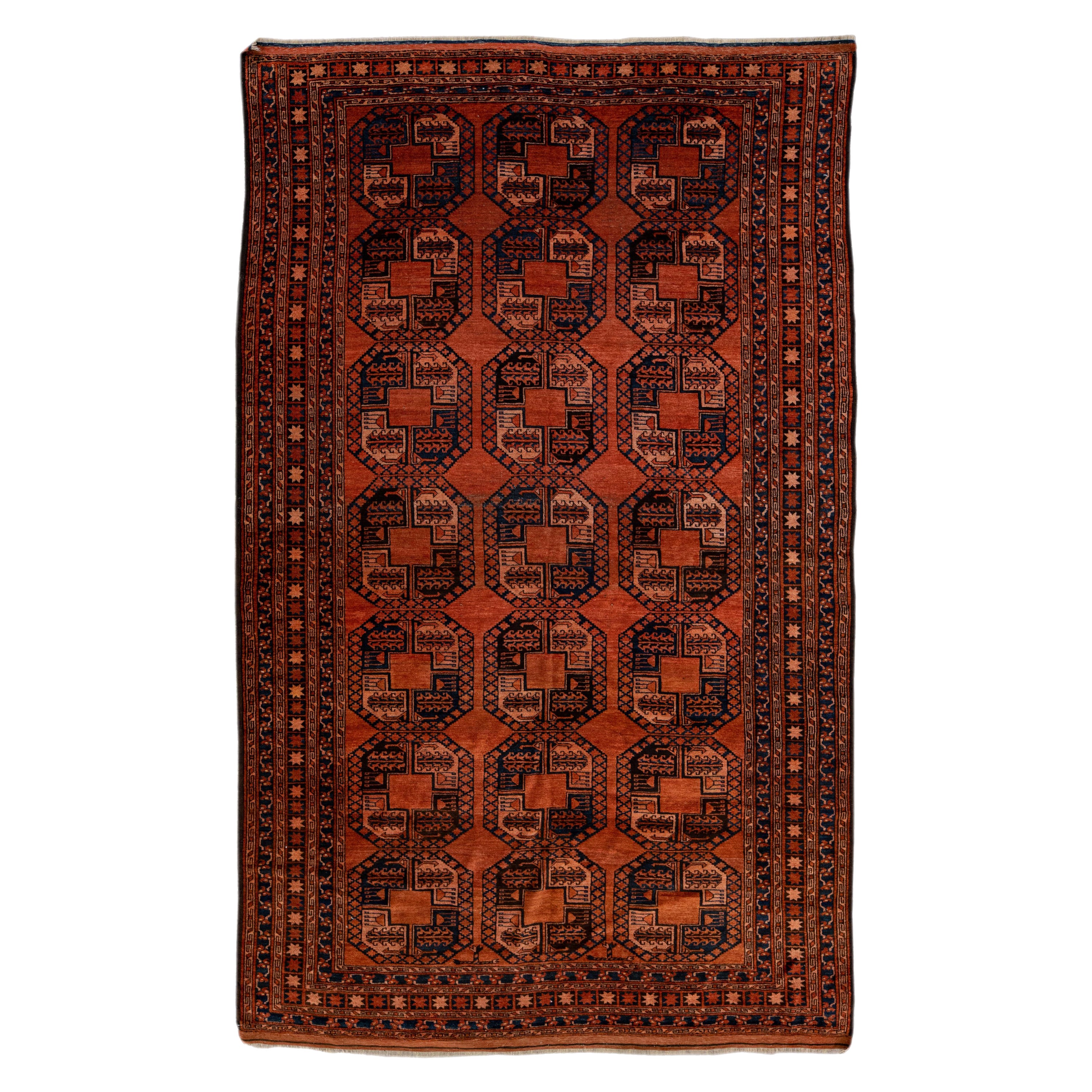 Orange Vintage Persian Turkmen Handmade Geometric Pattern Wool Rug For Sale