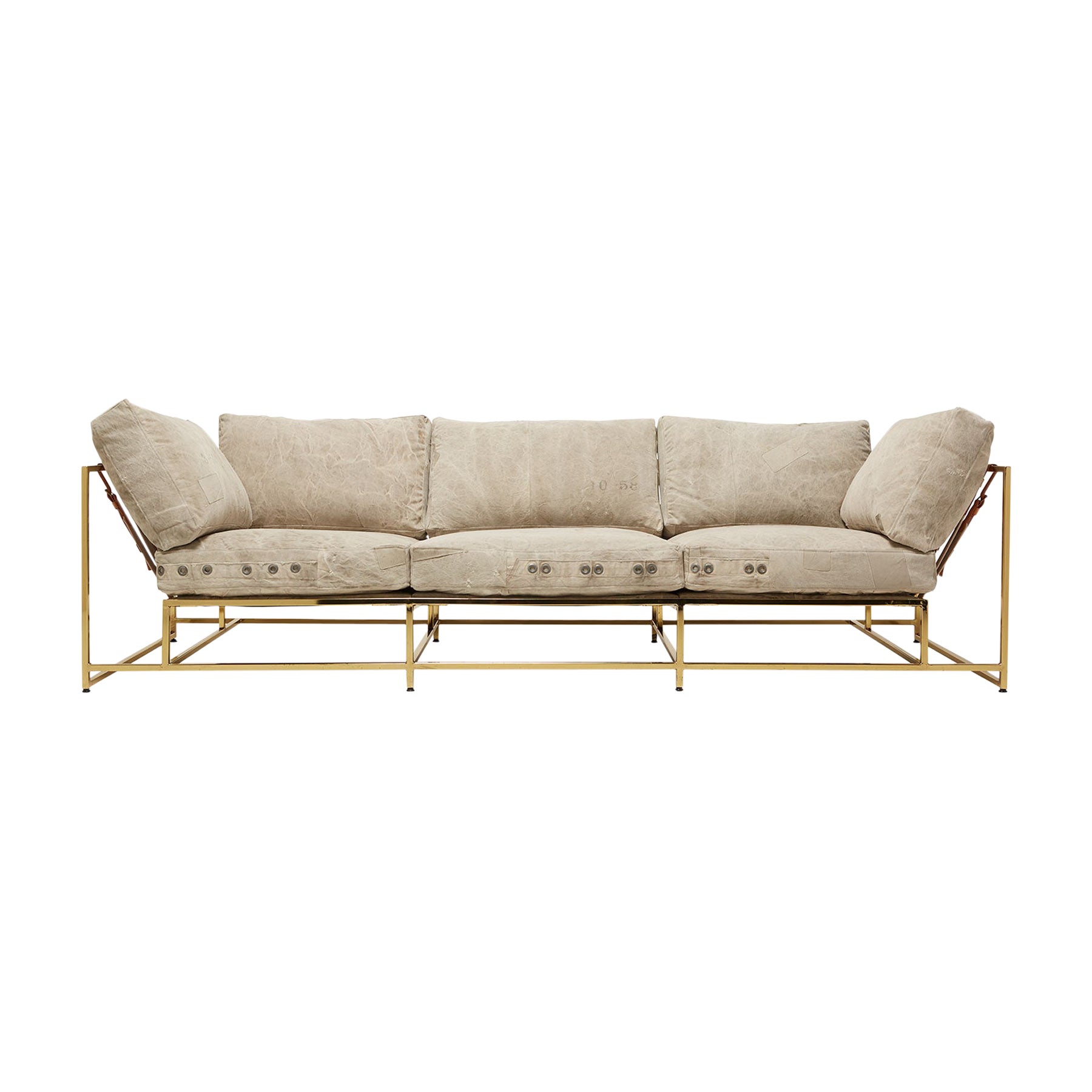 US Mailbag Canvas & Polished Brass Sofa For Sale
