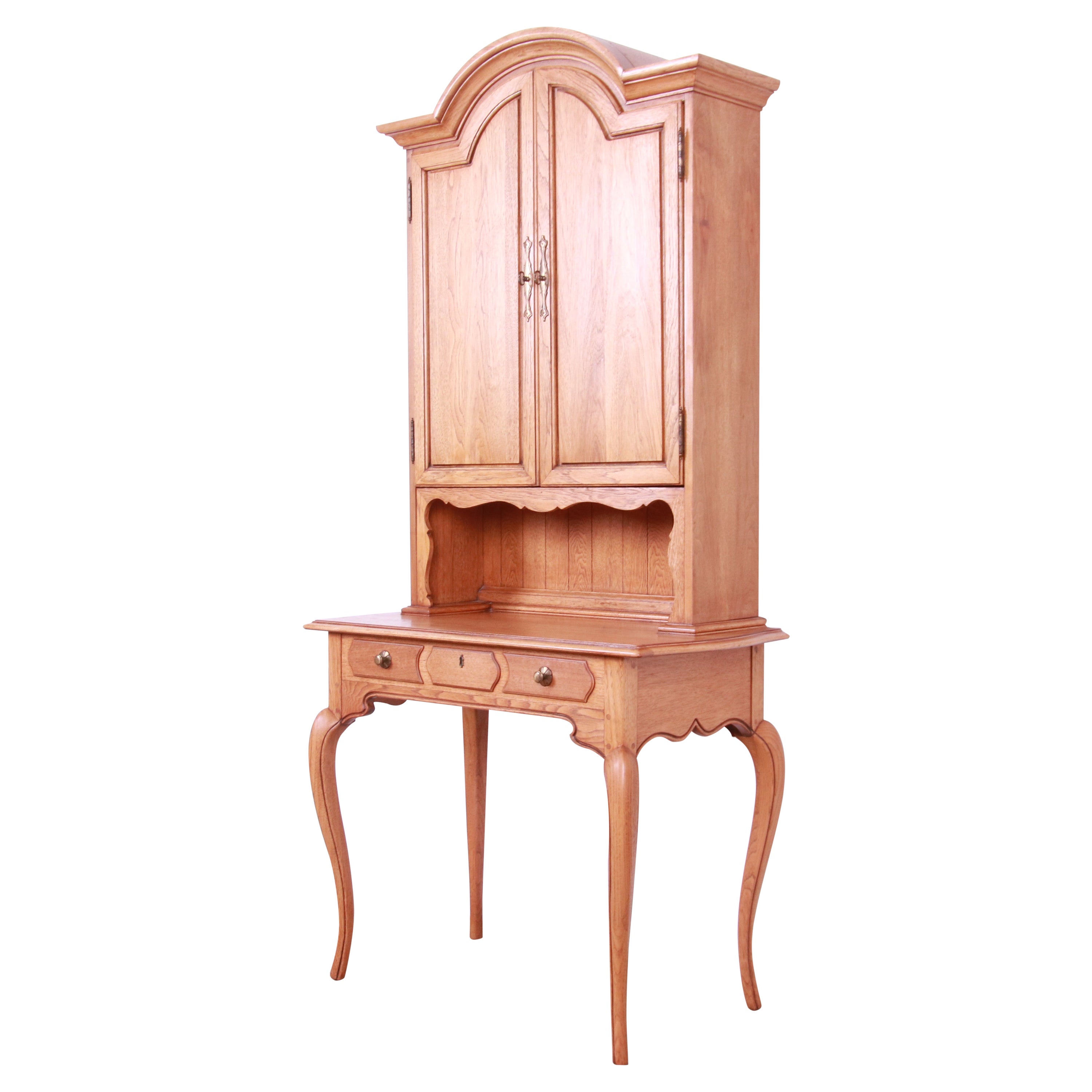 Thomasville French Provincial Louis XV Oak Writing Desk with Bookcase Hutch Top For Sale