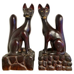Pair Japanese Carved and Lacquered Inari Foxes, Showa Era, Dated 1951, Japan