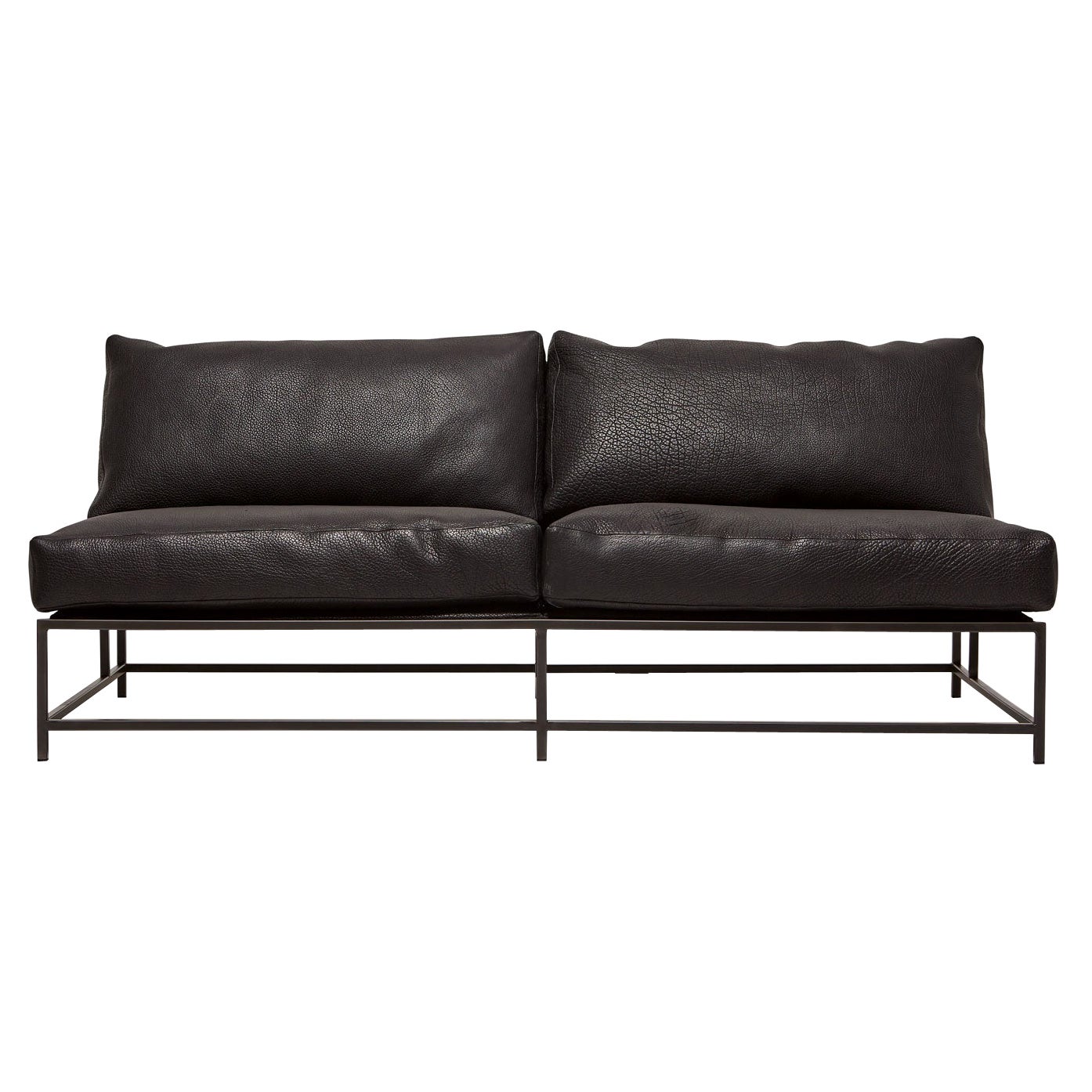 Heavily Pebbled Black Leather & Blackened Steel Loveseat For Sale