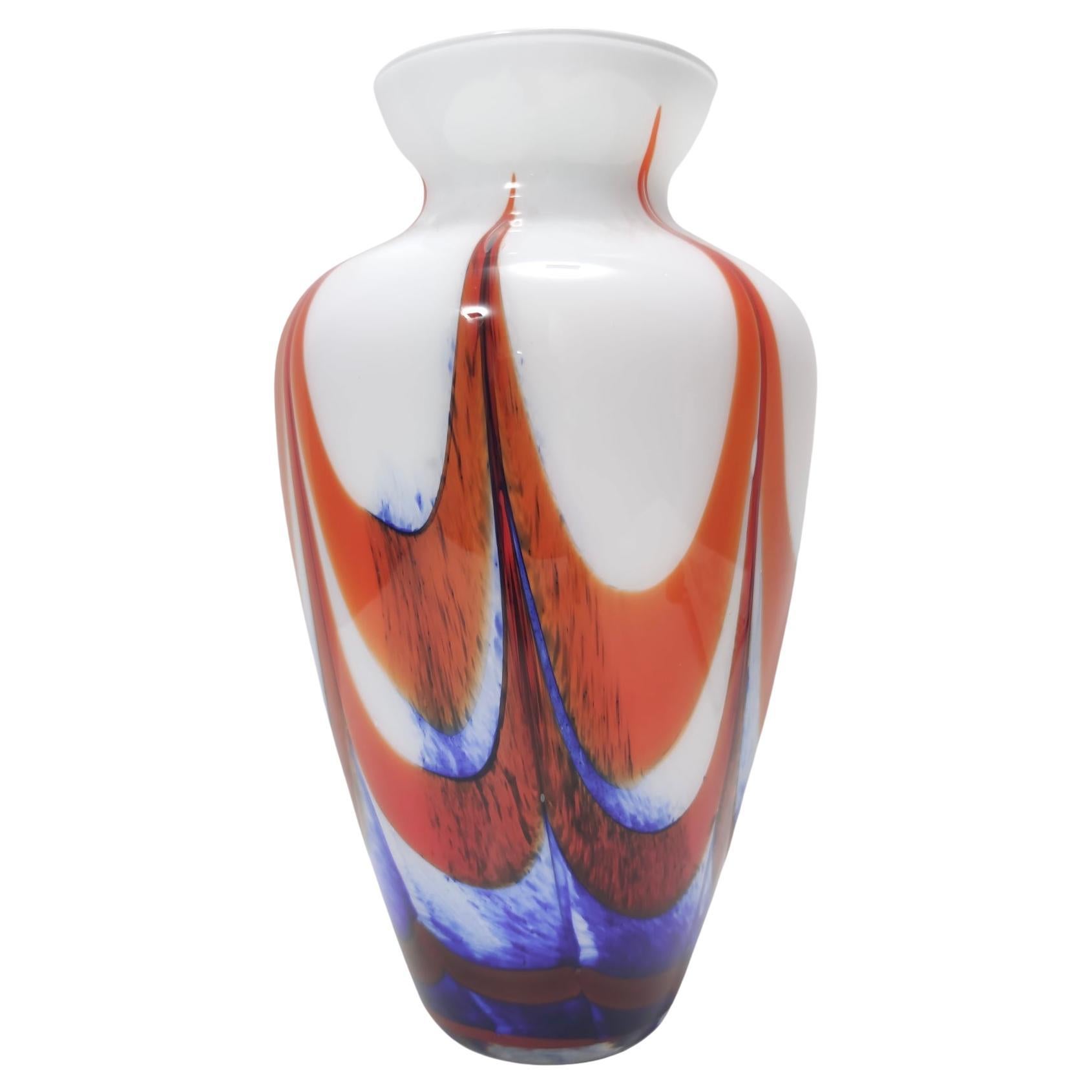 Vintage Orange, White and Blue Murano Glass Vase Ascribable to Carlo Moretti