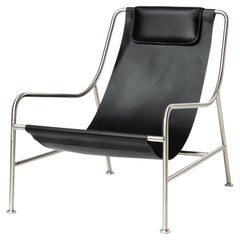 Minimalist Modern Lounge Chair in Black Leather and Polished Stainless Steel