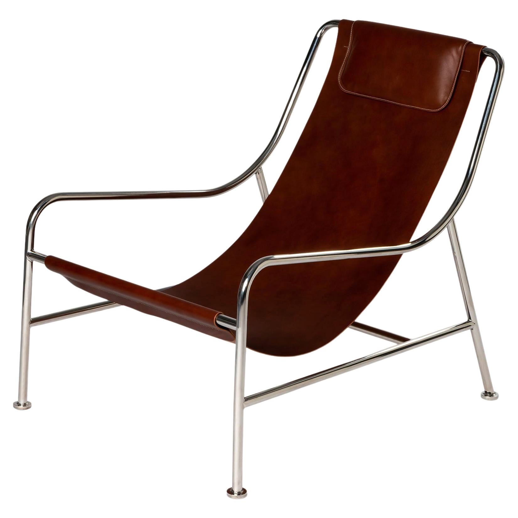 Minimalist Modern Lounge Chair in Brown Leather and Polished Stainless Steel For Sale