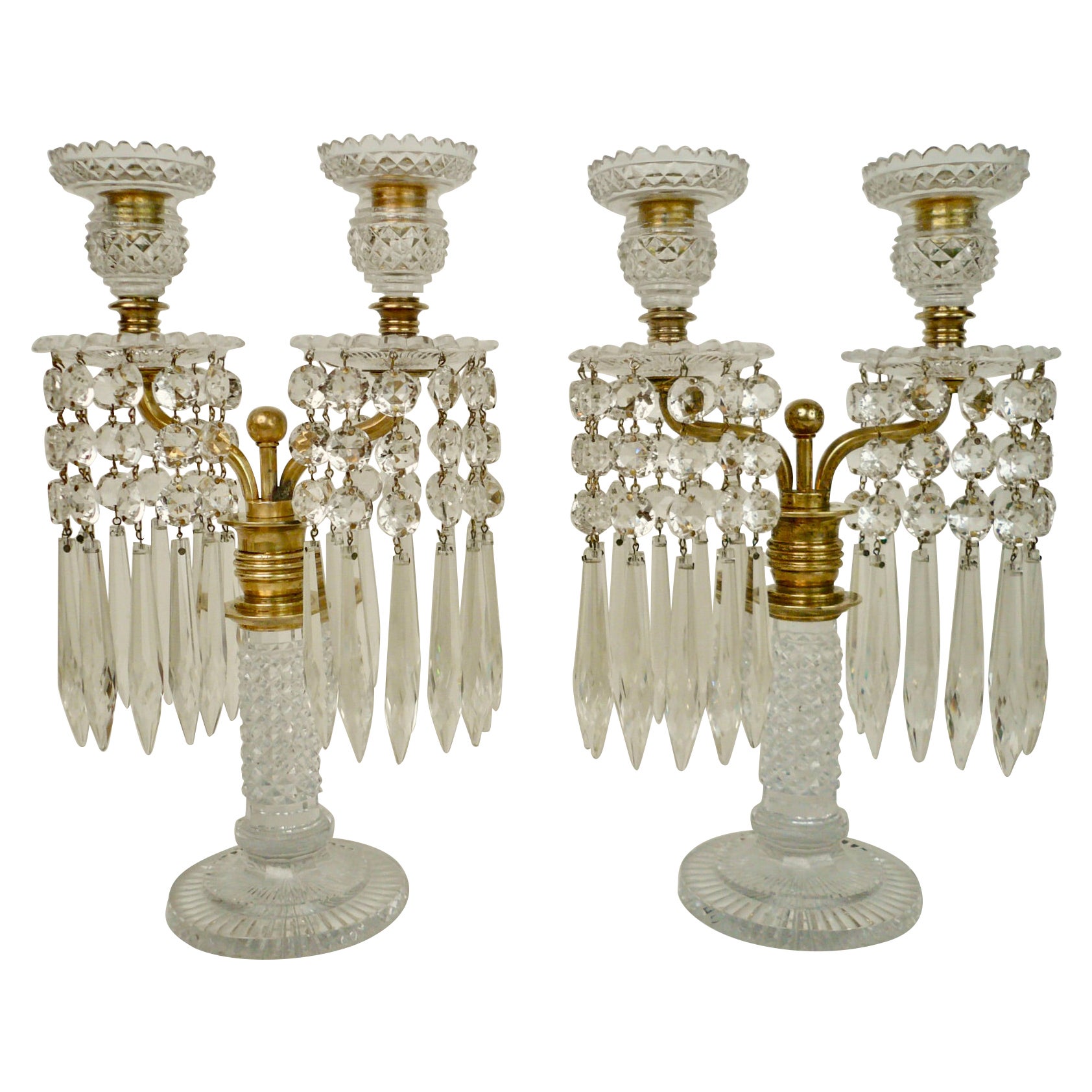 Pair English Regency Cut Glass Candelabra or Lustres Attributed to John Blades For Sale