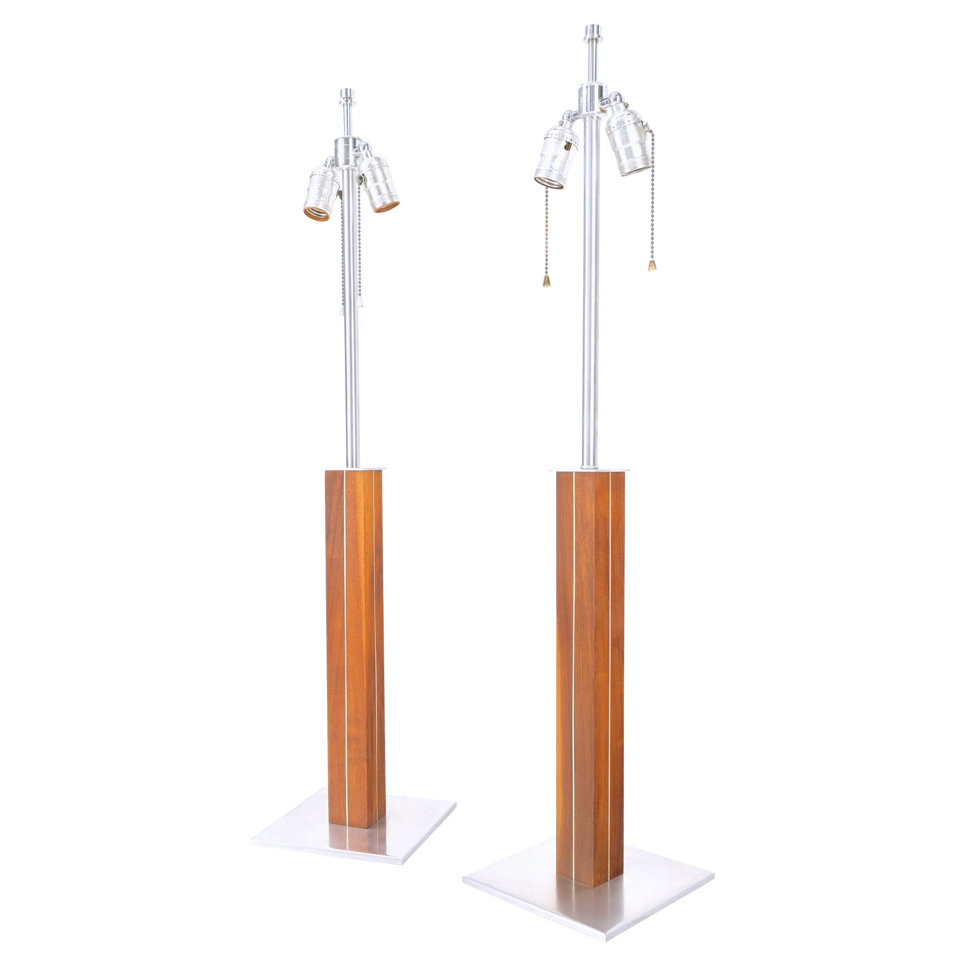 Pair Walter Von Nessen for Nessen Studios Walnut Inlaid Chrome Tower Table Lamp For Sale