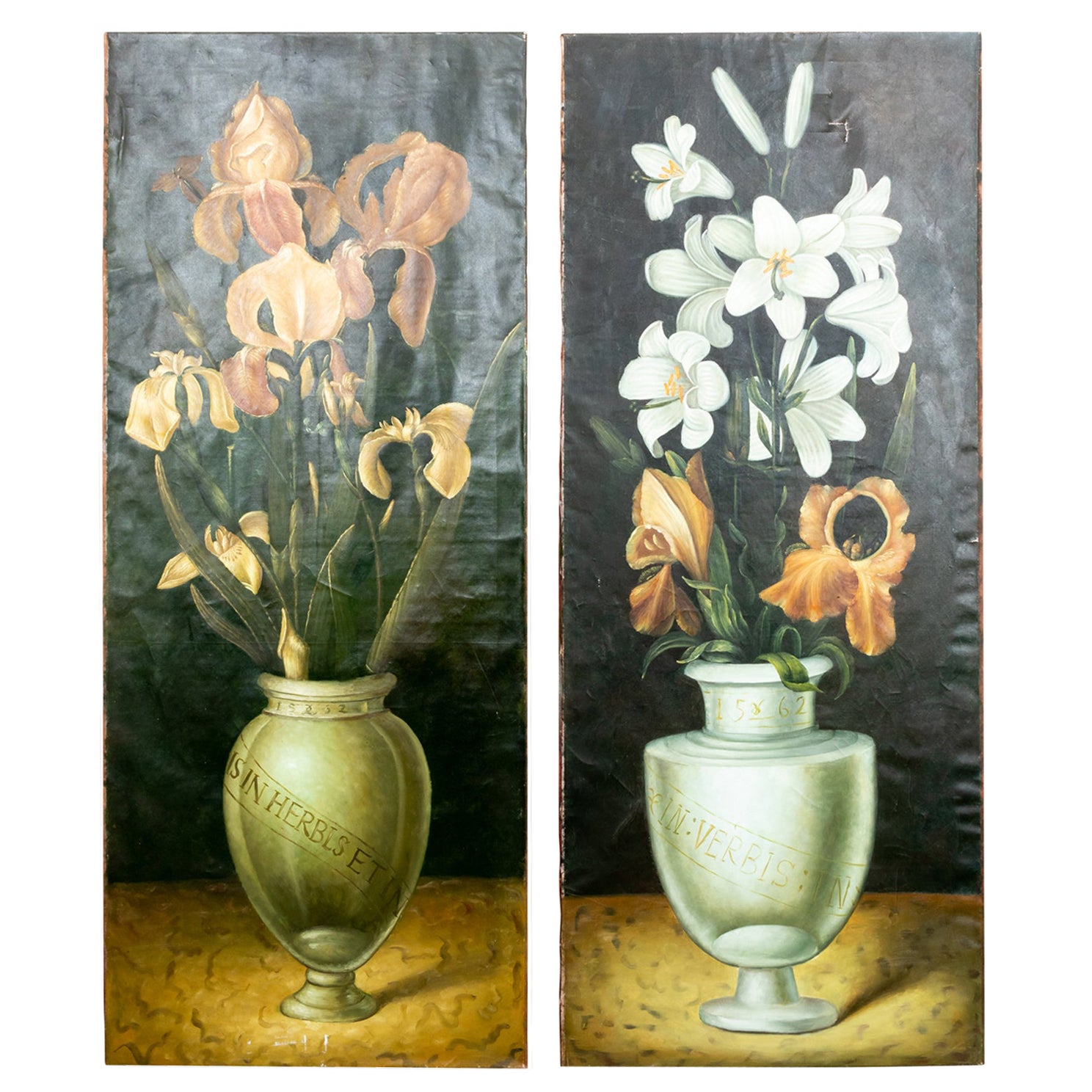 Pair of Large Oil on Canvas Paintings of Lilies in Apothecary Jars For Sale