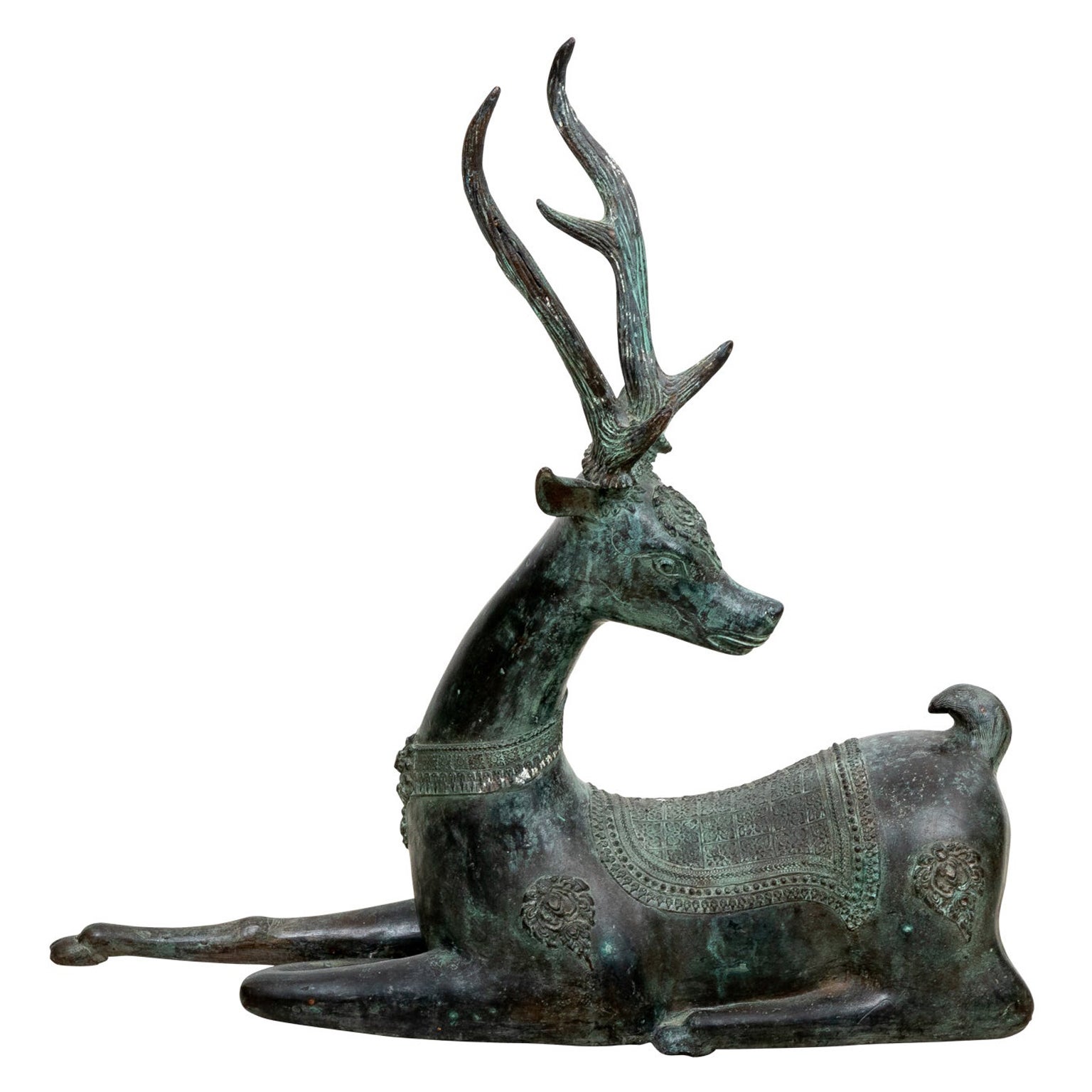 Patinated Bronze Reclining Deer Sculpture For Sale