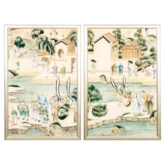 Retro Framed Chinoiserie Wall Paper Panels
