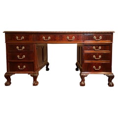 Antique English Mahogany Partner's Desk with Gadroon Border and New Leather