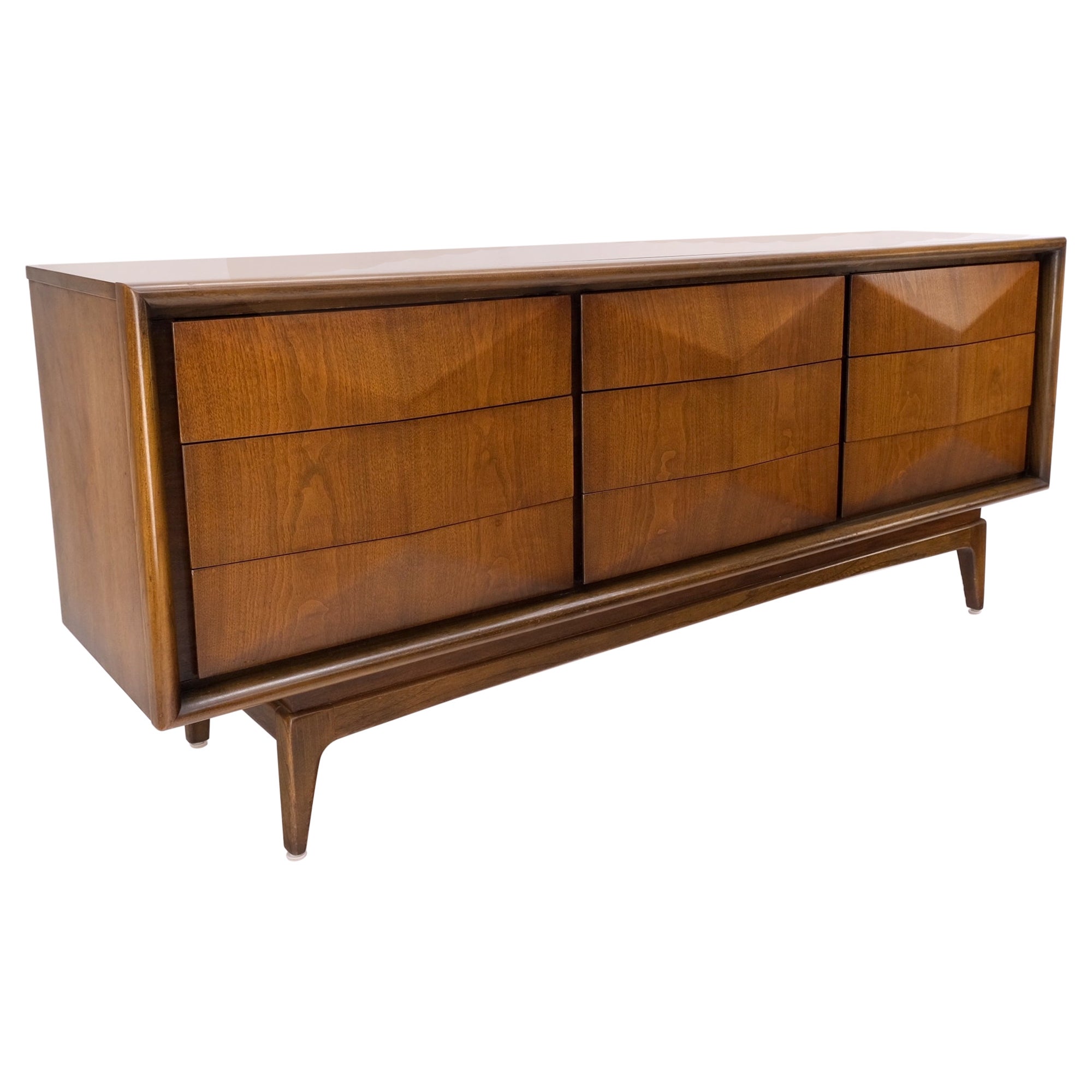 Mid-Century Modern Sculpted Walnut 9 Diamond Front Drawers Dresser Mint