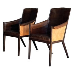 Pair of Jean Michel Frank Style Leather and Metal Arm Chairs
