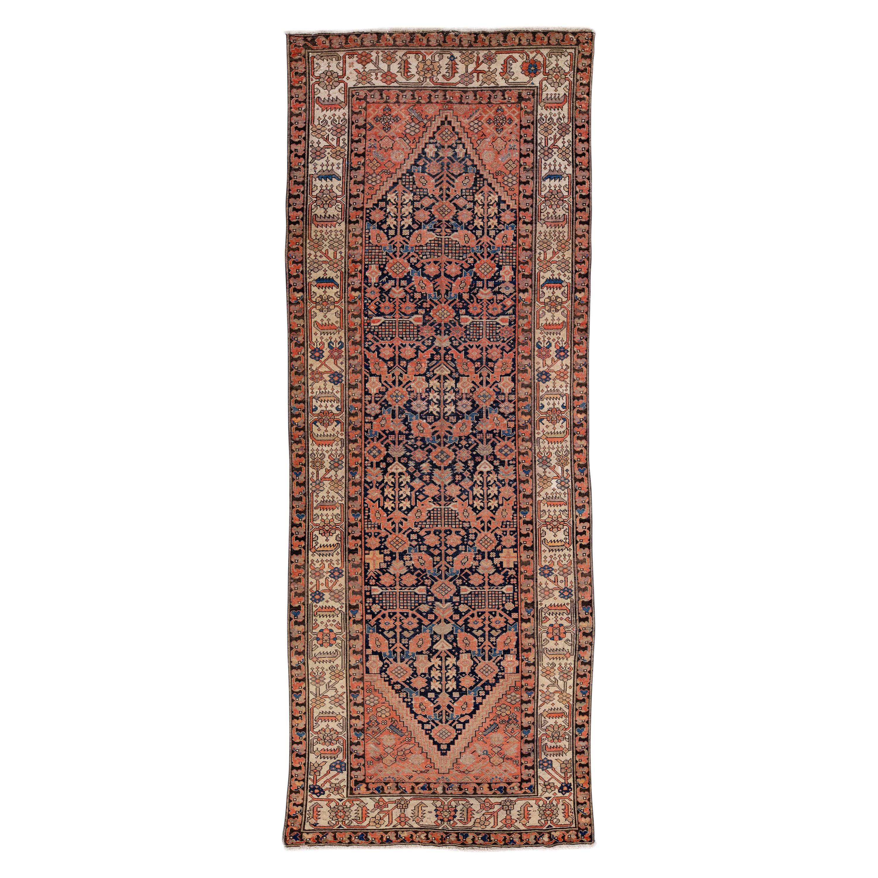 Antique Malayer Handmade Allover Motif Blue and Rust Wool Runner For Sale