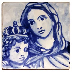 Vintage Blue Hand Painted Baroque Cherub or Angel Portuguese Ceramic Tile or Azulejo