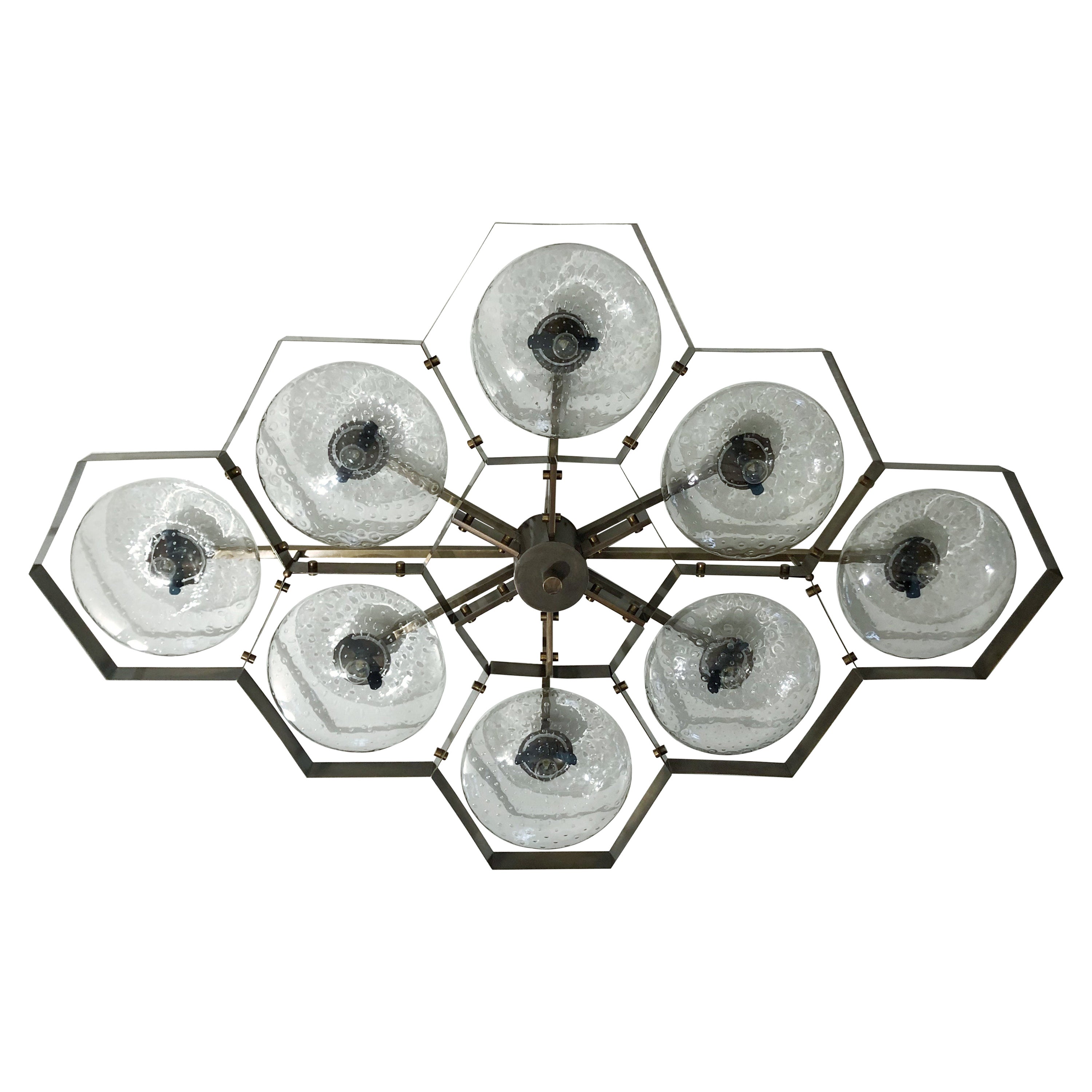Italian flush mount with Murano glass shades mounted on solid brass frame / Made in Italy
Designed by Fabio Ltd, inspired by Angelo Lelli and Arredoluce styles
8 lights / E12 or E14 / max 40W each
Measures: Length 65 inches, width 42.5 inches,