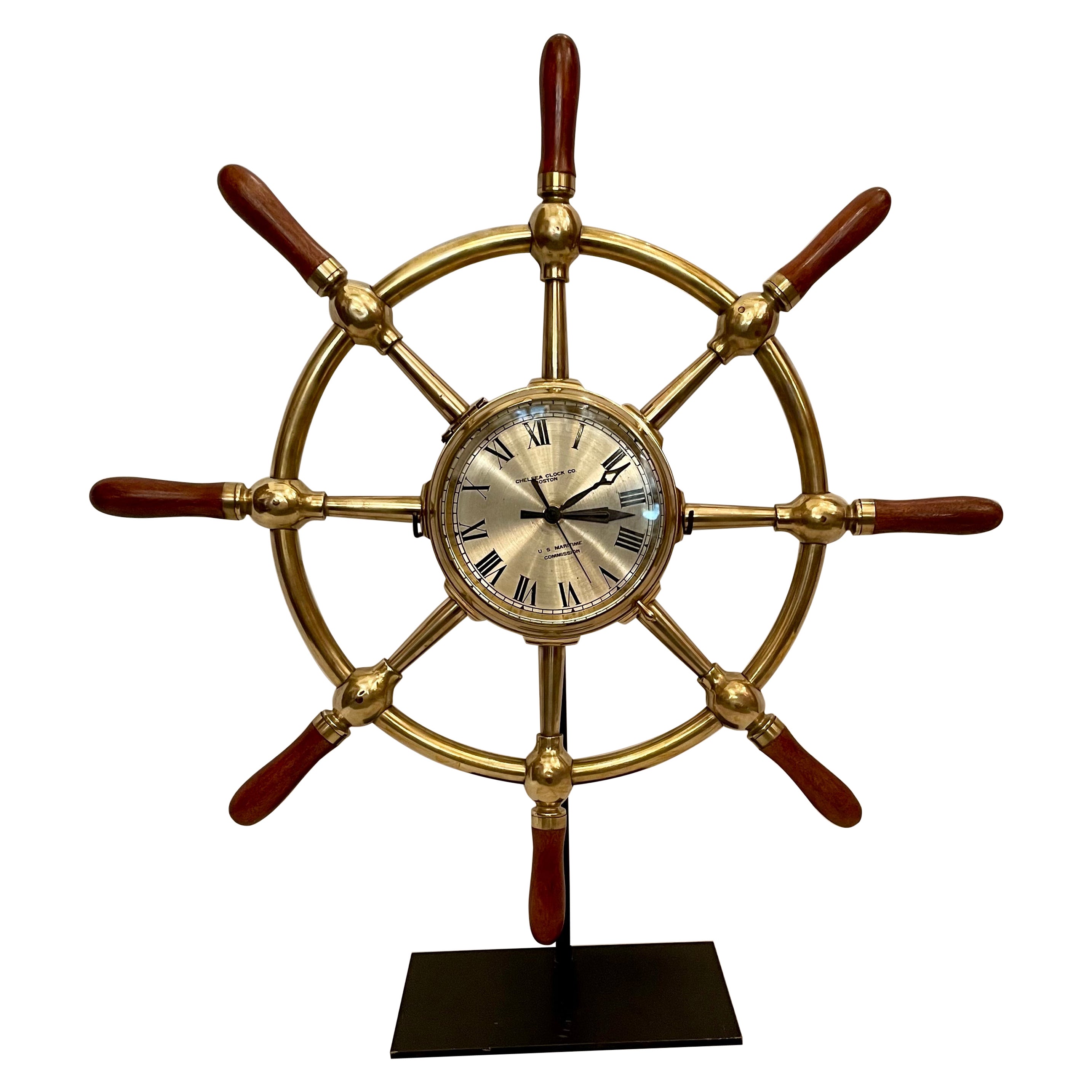 Estate American "Chelsea Company, Boston" Ships Wheel Clock on Stand, Circa 1960