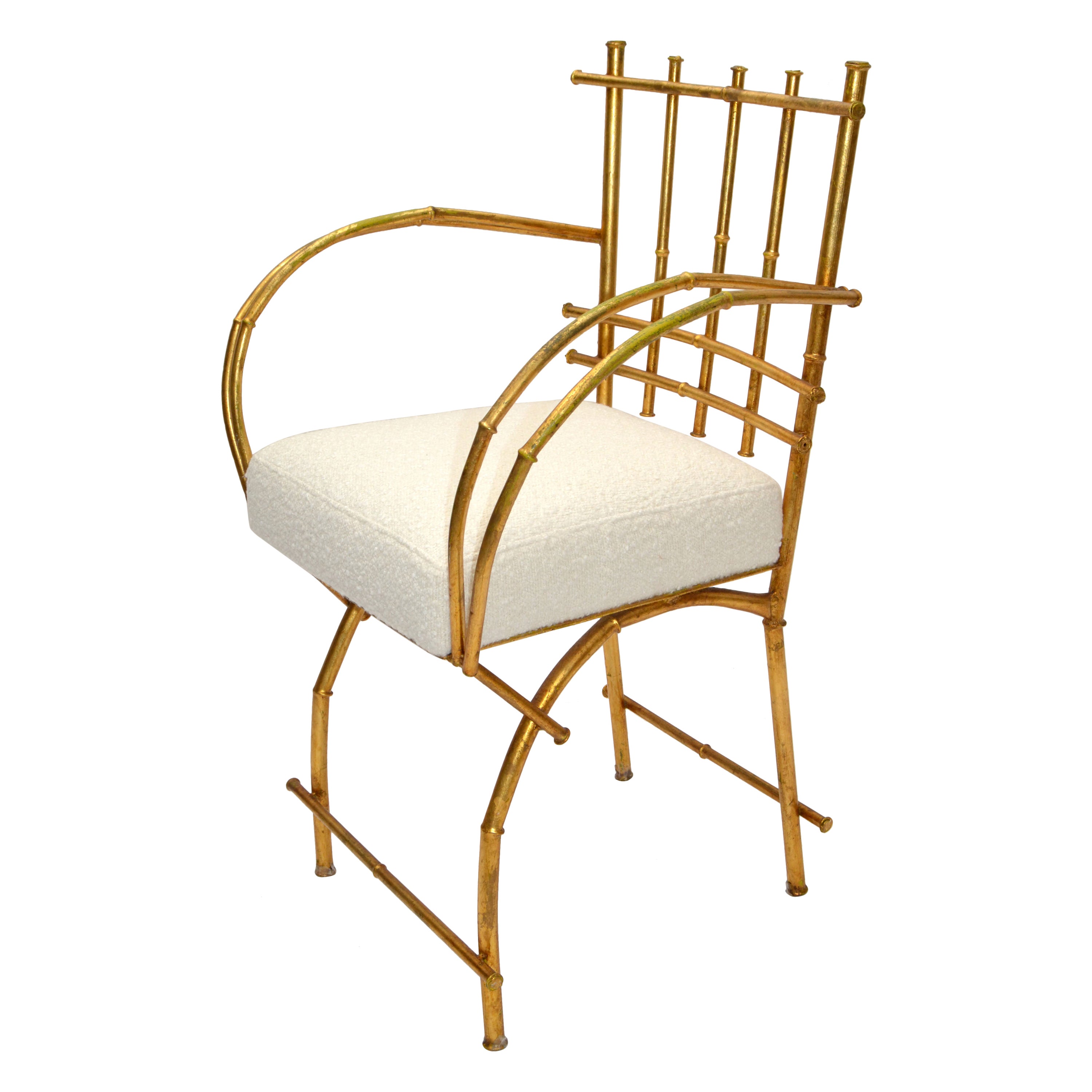 50s American Gilt Faux Bamboo Metal Arm / Vanity Chair Hollywood Regency Bouclé  For Sale