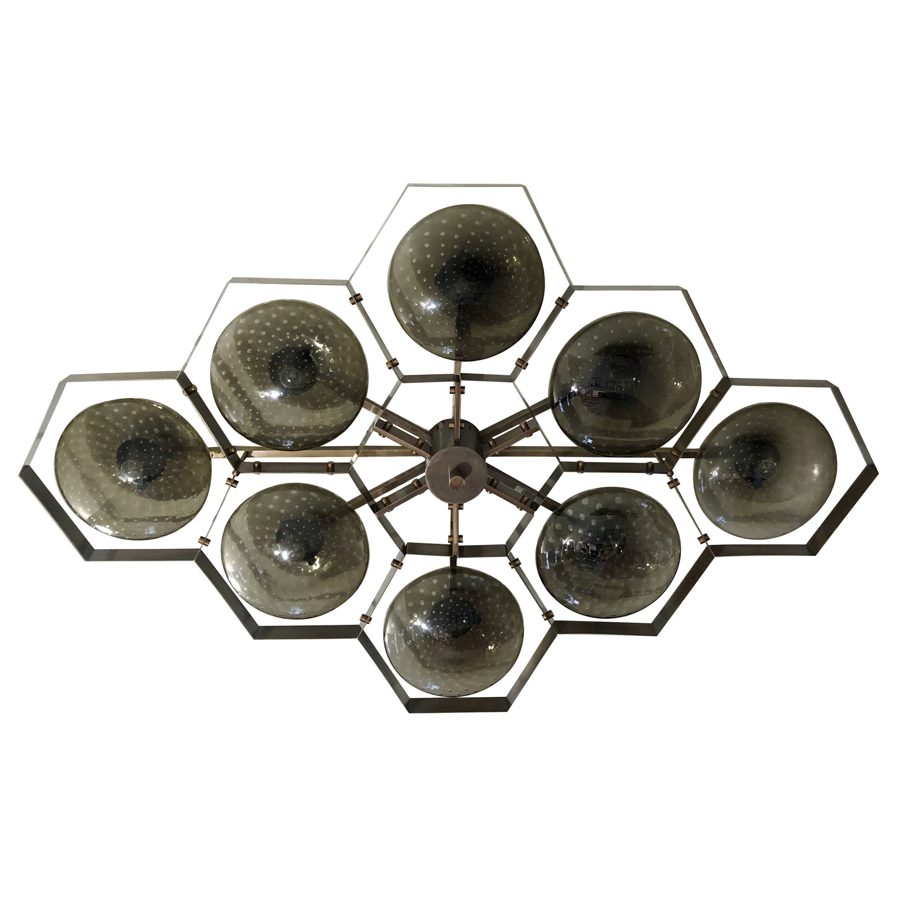 Italian flush mount with Murano glass shades mounted on solid brass frame / Made in Italy
Designed by Fabio Ltd, inspired by Angelo Lelli and Arredoluce styles
8 lights / E12 or E14 / max 40W each
Measures: Length 65 inches, width 42.5 inches,