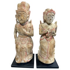 Pair of Indonesian Balinese Wood Carved Devotional Temple Shrine Sculptures 1950