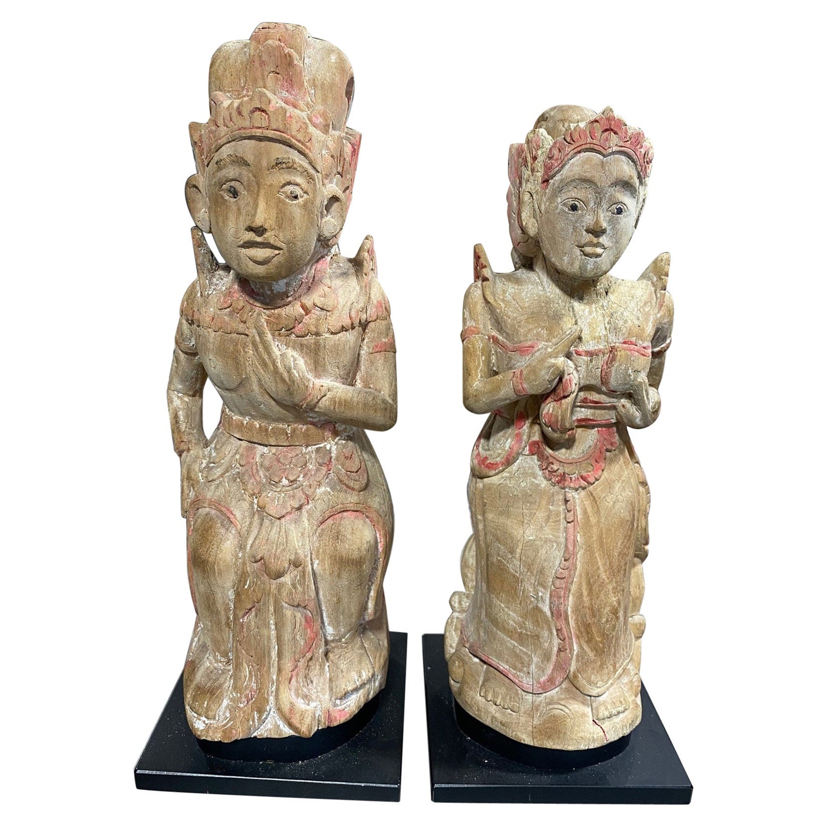 Pair of Indonesian Balinese Wood Carved Devotional Temple Shrine Sculptures 1950