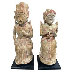 Pair of Indonesian Balinese Wood Carved Devotional Temple Shrine Sculptures 1950