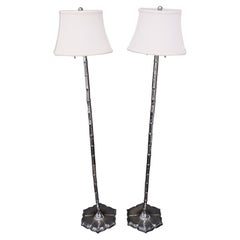 Pair of Cast Lotus Shape Bases Chrome Faux Bamboo Mid-Century Modern Floor Lamps