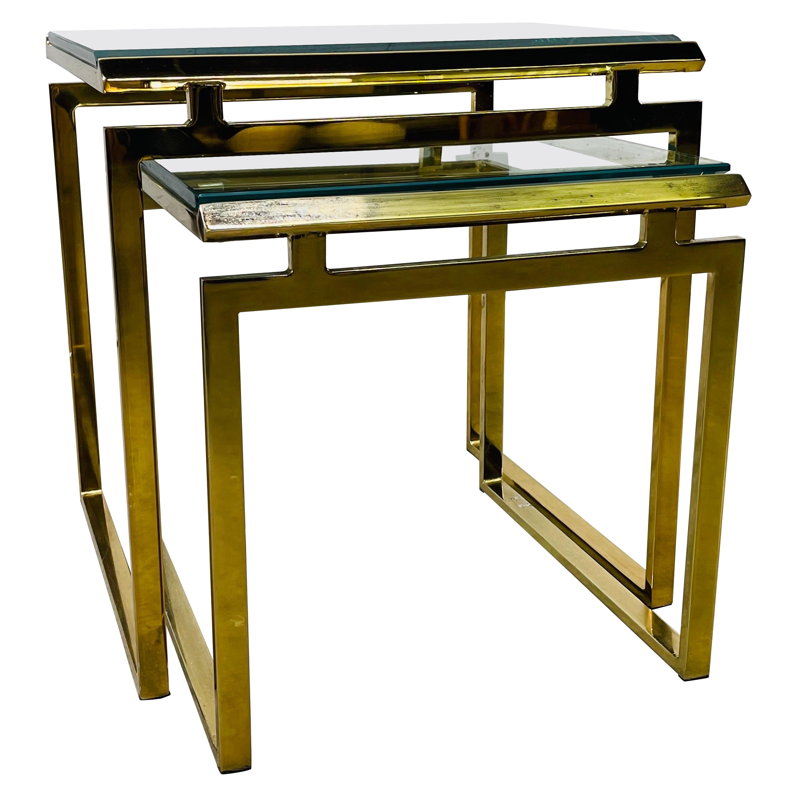 Brass and Glass Top Nesting Tables, Pair For Sale