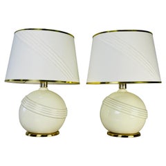 1970s Cream & Gold Round Table Lamps, Pair