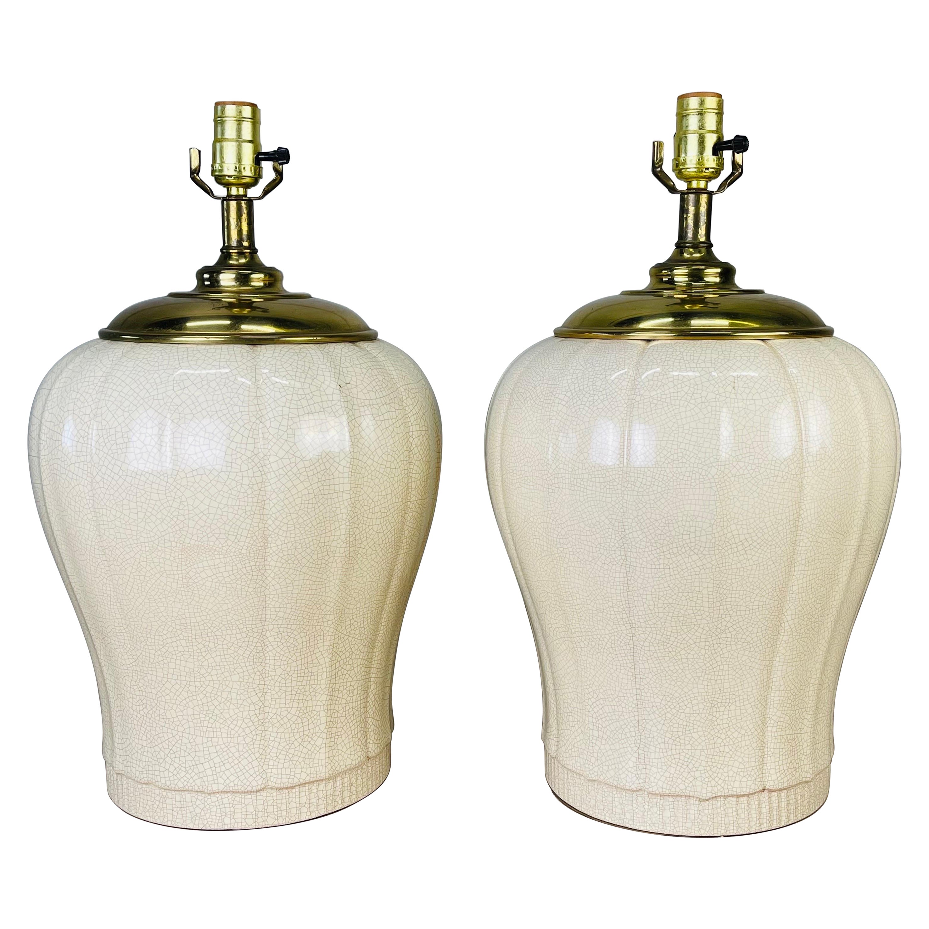 White Ceramic Crackle Table Lamps, Pair