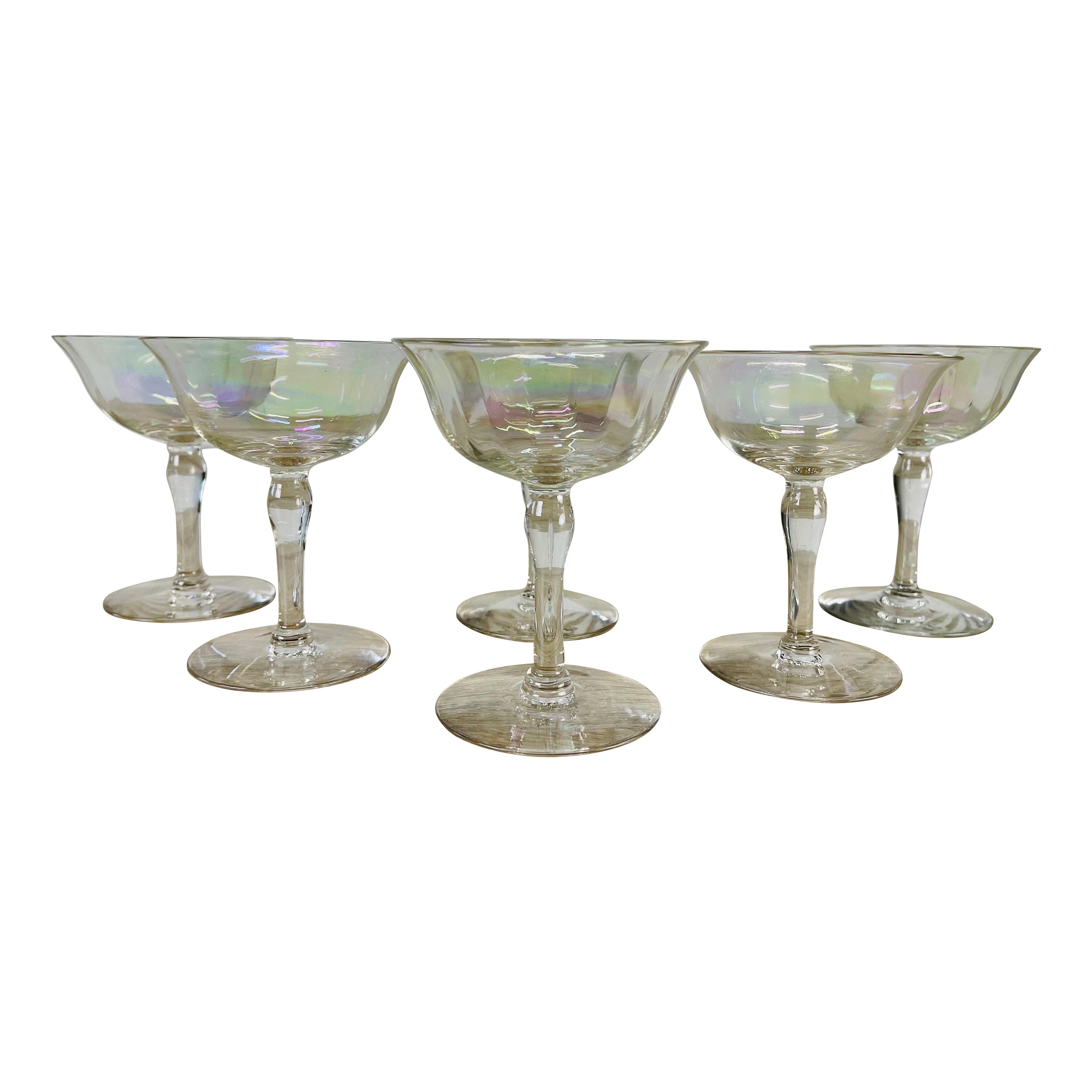1960s Iridescent Glass Coupe Stems, Set of 6 For Sale