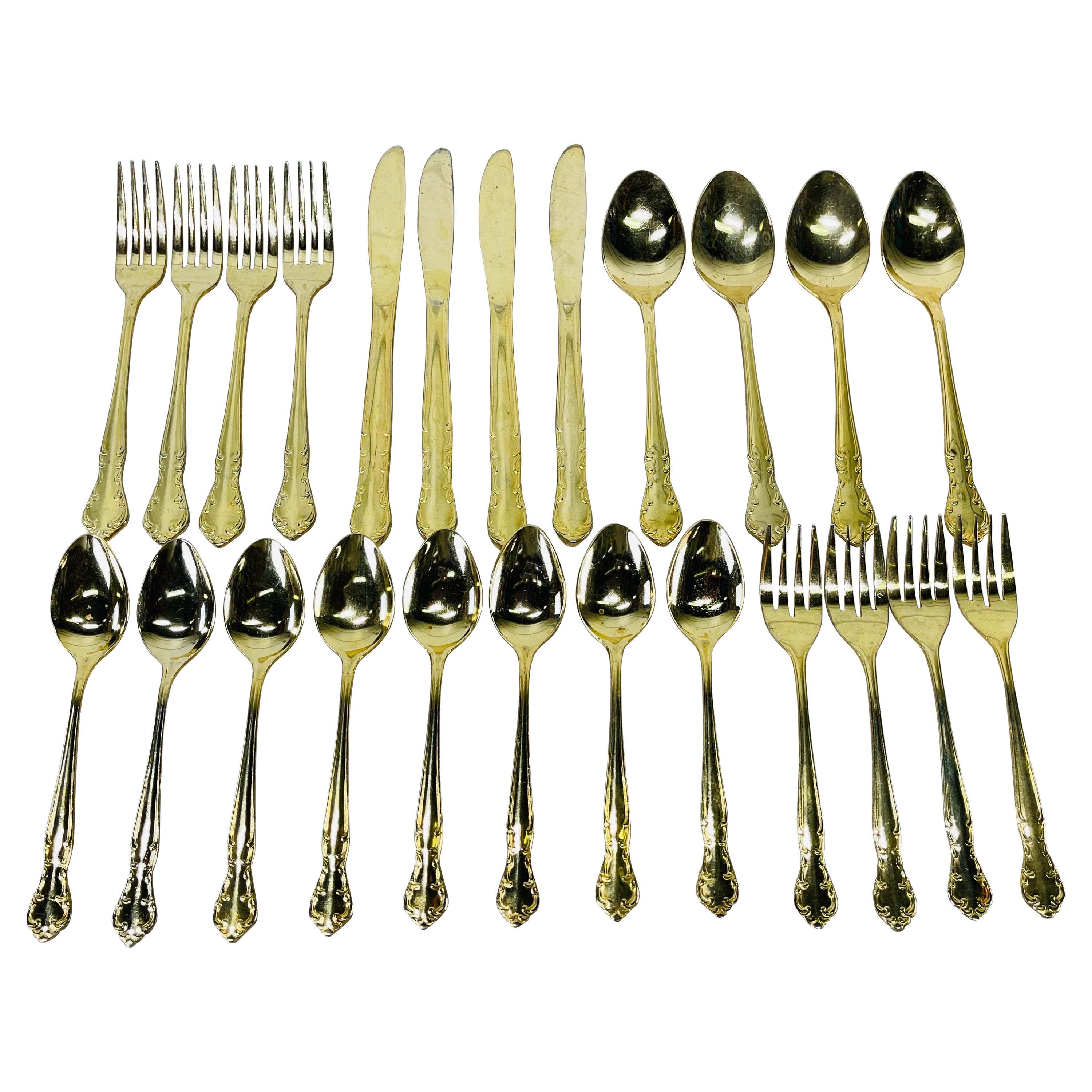 Gold Tone Flatware Set with Scroll Design, 24 Pieces For Sale