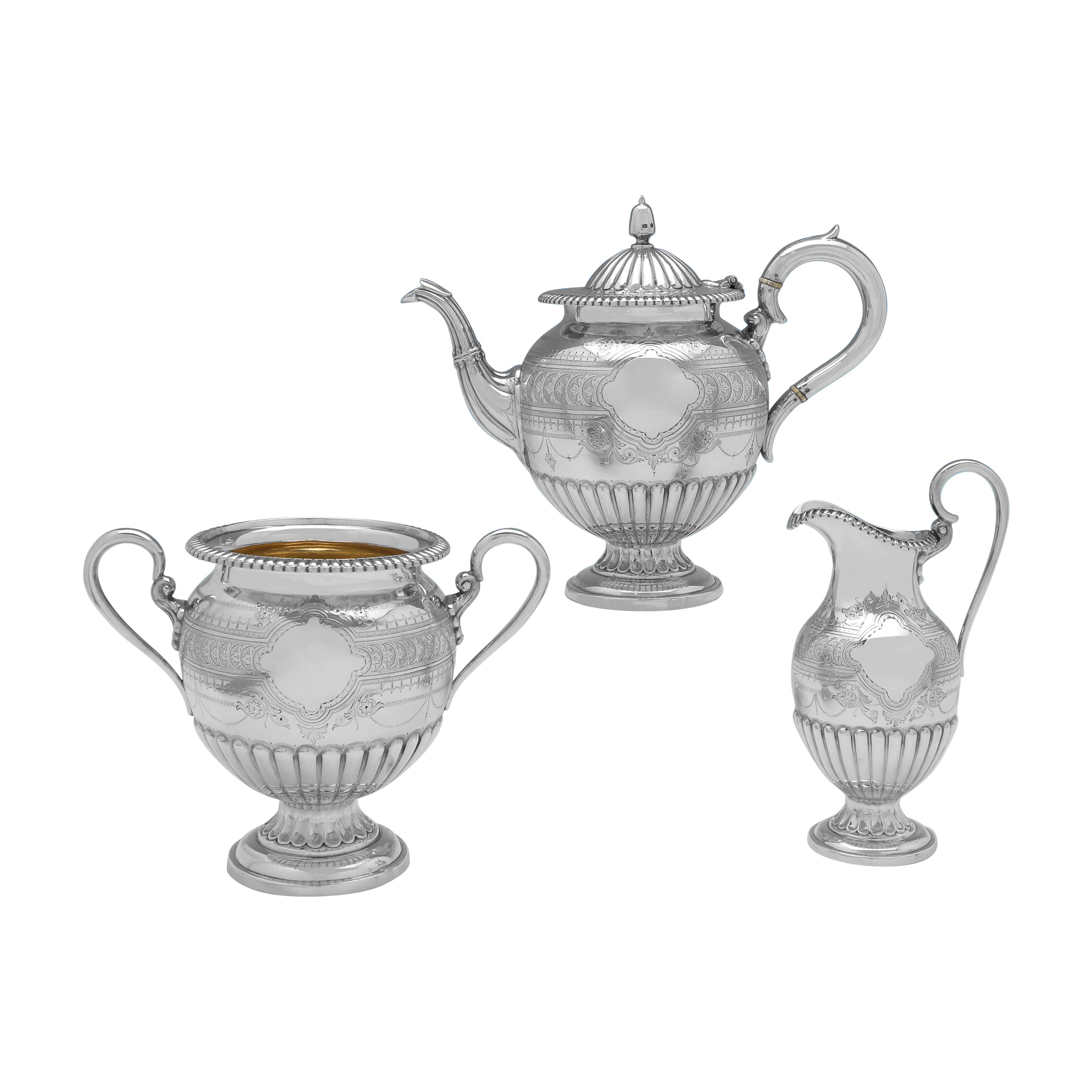 Engraved Victorian Sterling Silver Tea Set - 3 Piece - Urn Shape - 1876