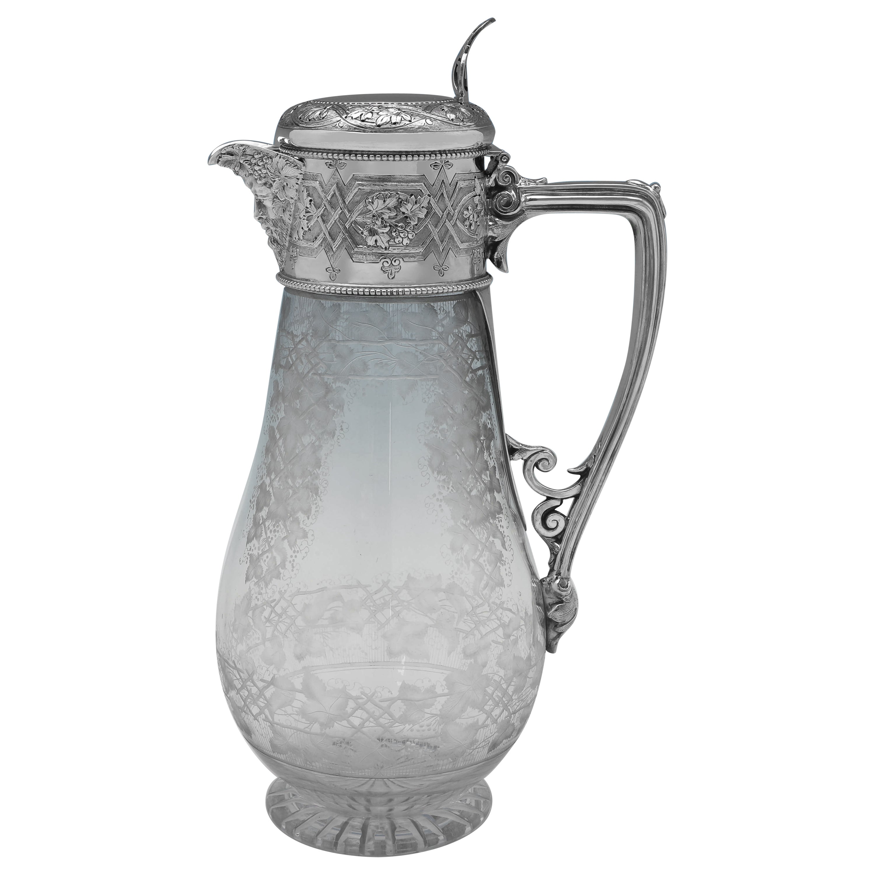 Victorian Etched Glass & Engraved Antique Sterling Silver Claret Jug - 1875 