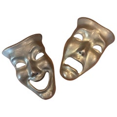 Pair of Patinated Solid Brass Theatre Face Masks - "Comedy & Tragedy"