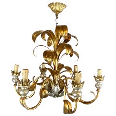 Maison Jansen Style Brass Leaf 6 Light Chandelier