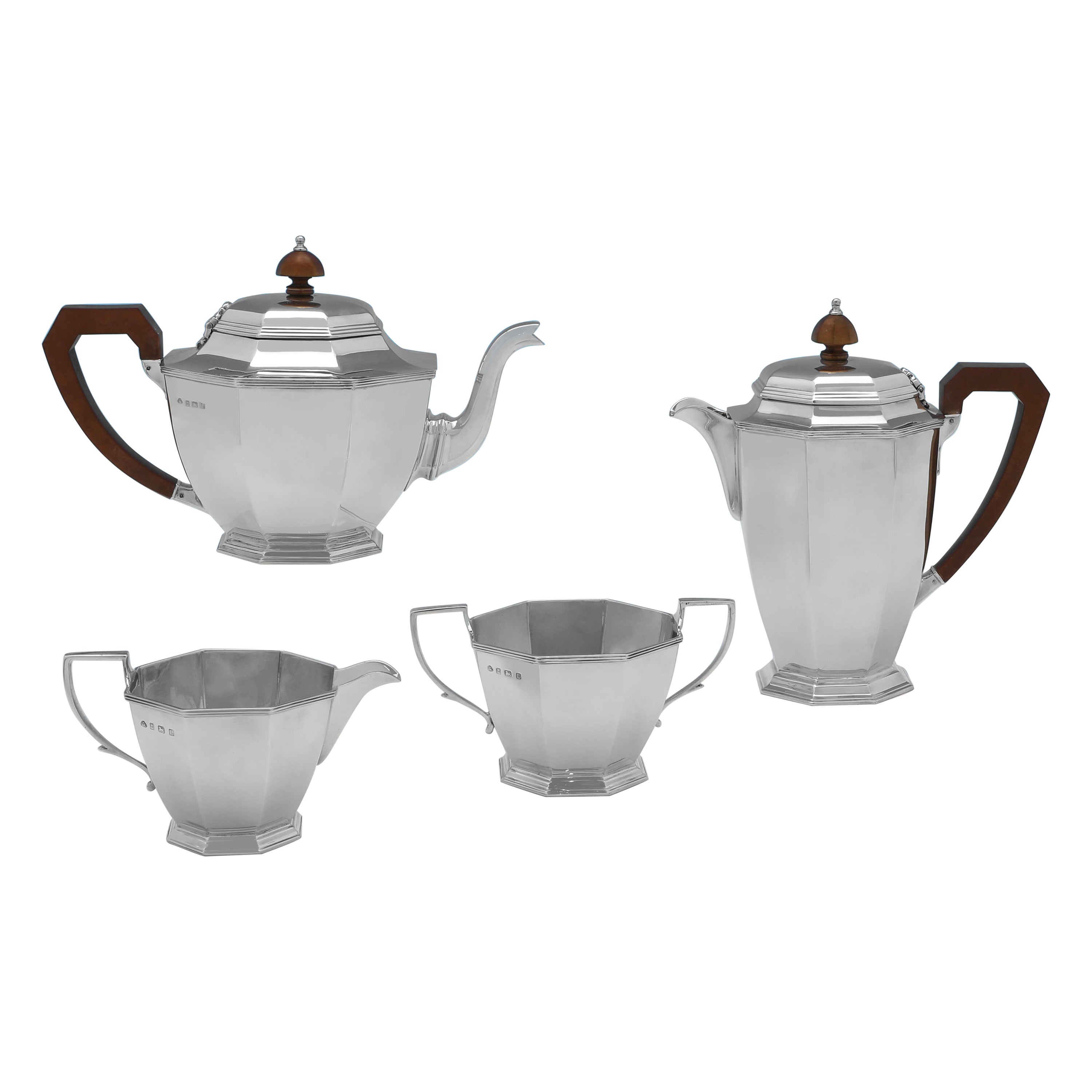 Stylish Art Deco Design Sterling Silver Tea Set - 4 Pieces - Birmingham 1935