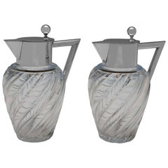 Elegantes jarras de clarete alemanas antiguas de plata 800 Standard, c.1910, cristal arremolinado