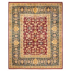 Tapis traditionnel Mogul rouge unique fait à la main, unique en son genre