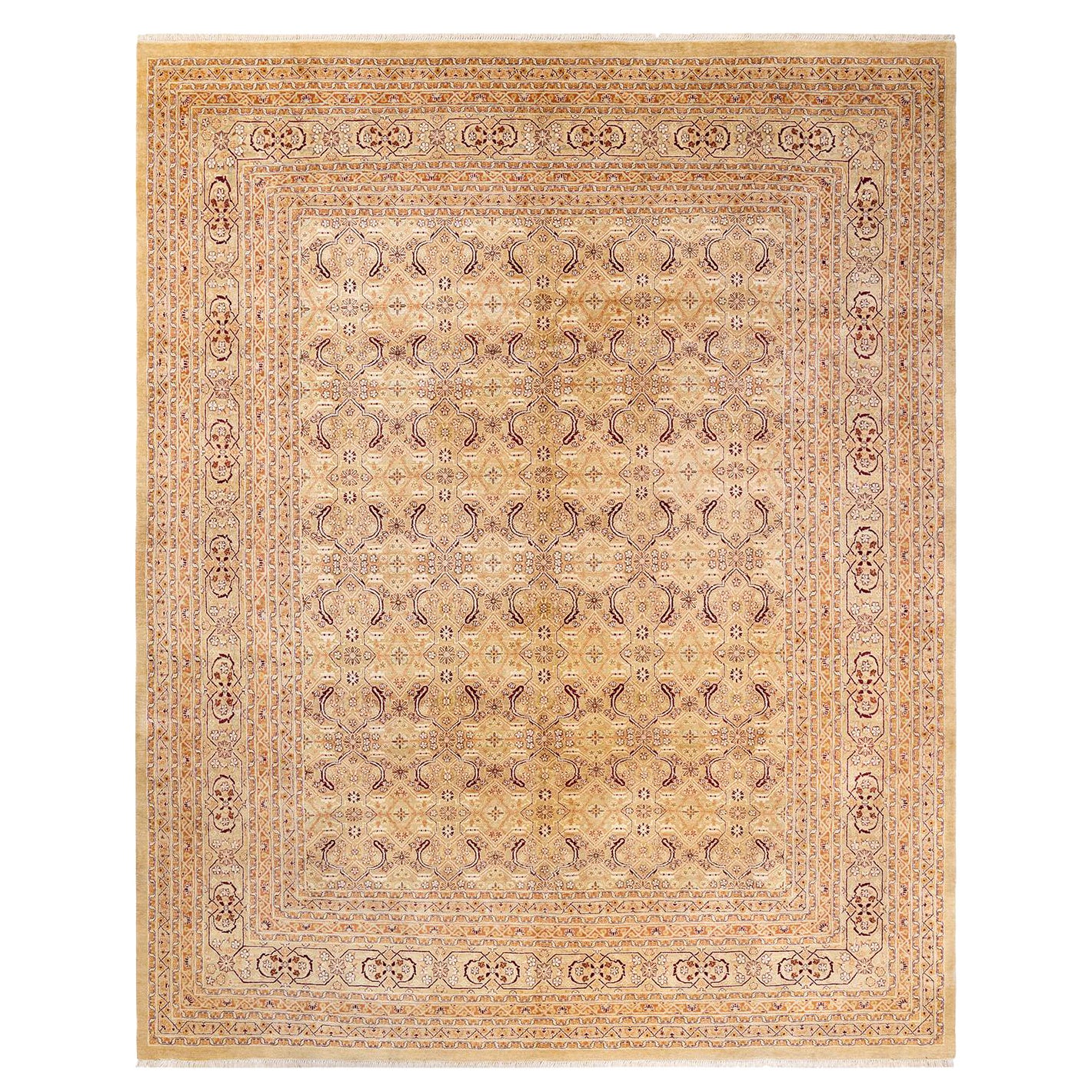 Einzigartiger handgefertigter traditioneller elfenbeinfarbener Mogul-Teppich im Angebot