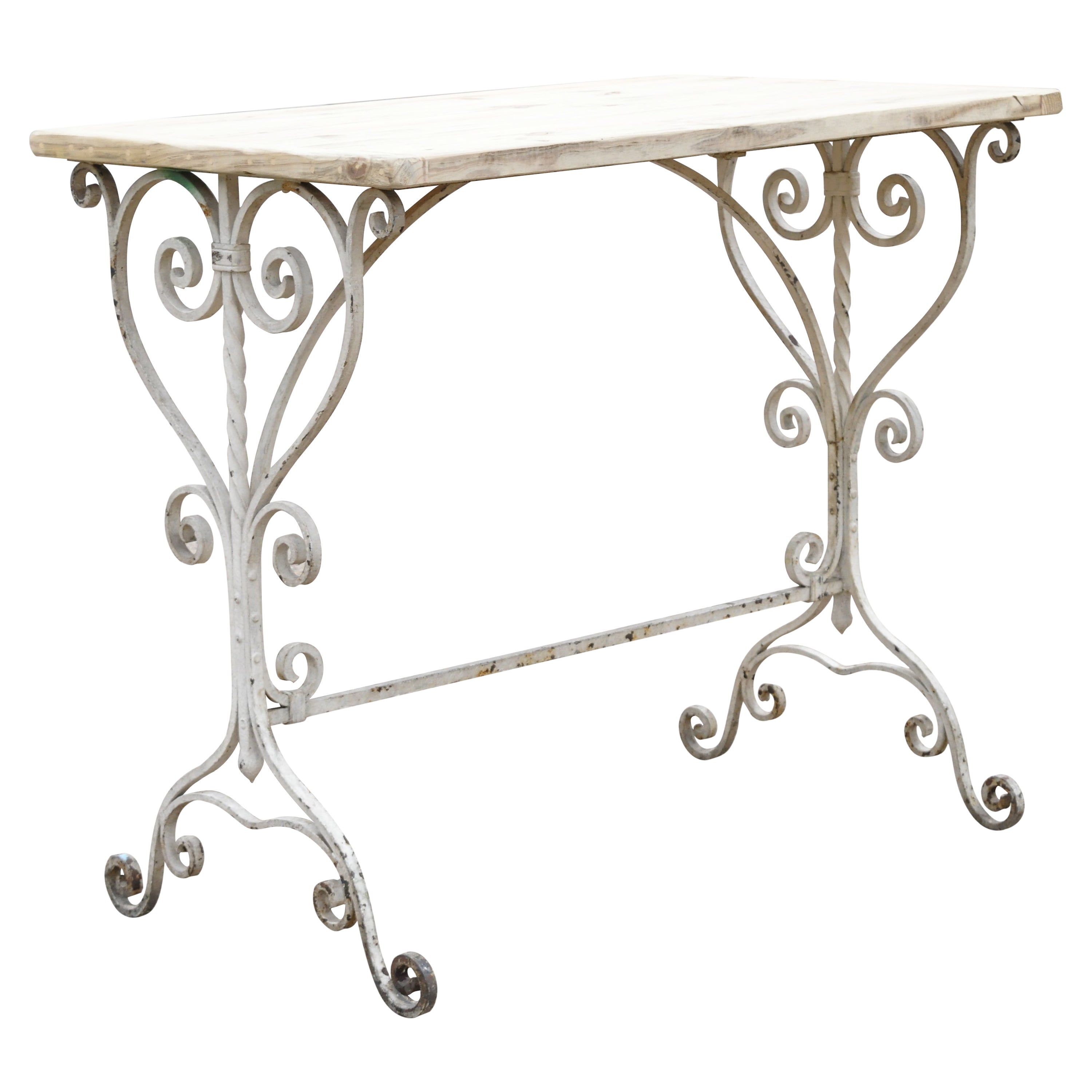 Ancienne table de travail Art Nouveau française en fer forgé à volutes avec plateau en bois en vente
