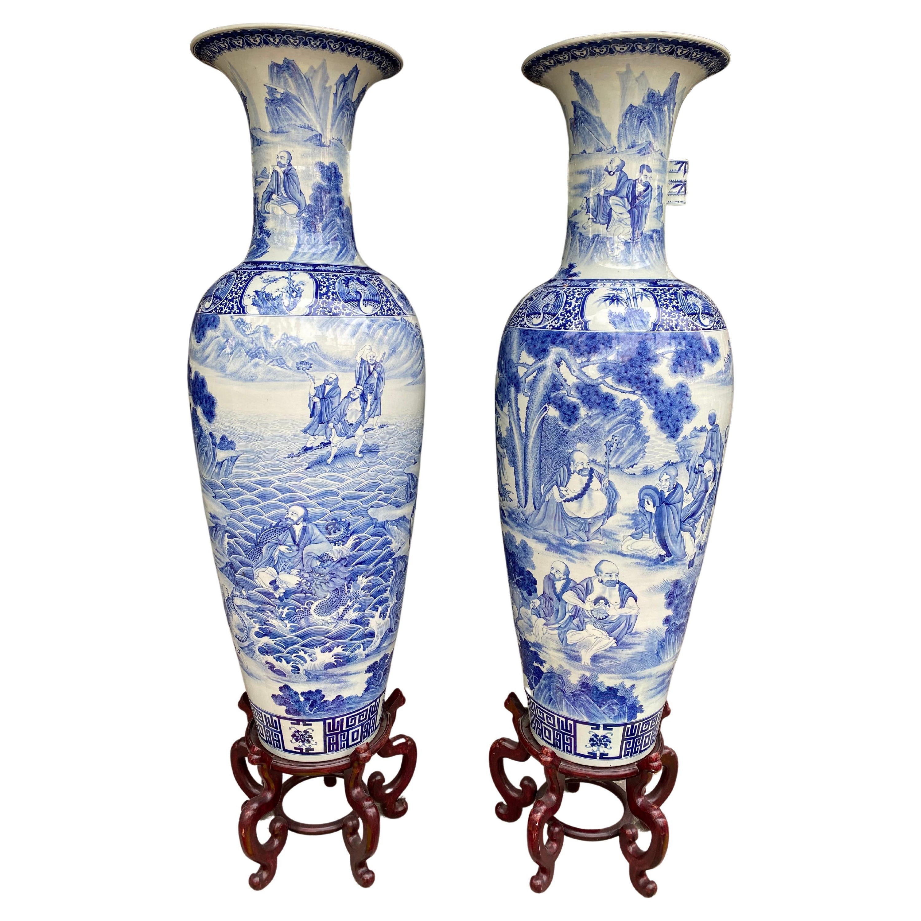 Pair of Chinese Monumental Blue and White Qing Dynasty Vases