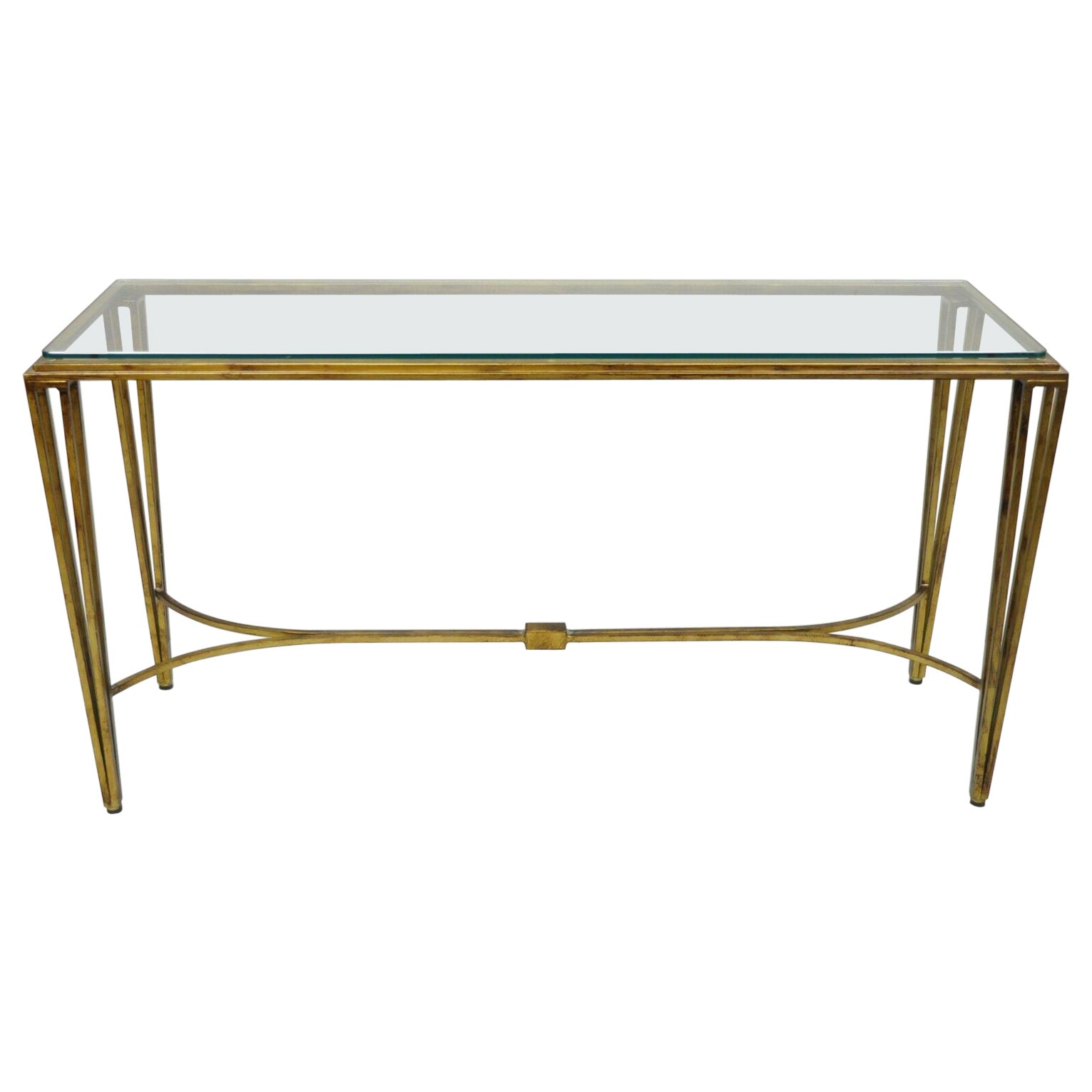 Italian Modern Gold Gilt Heavy Iron Base Glass Top Console Sofa Hall Table For Sale